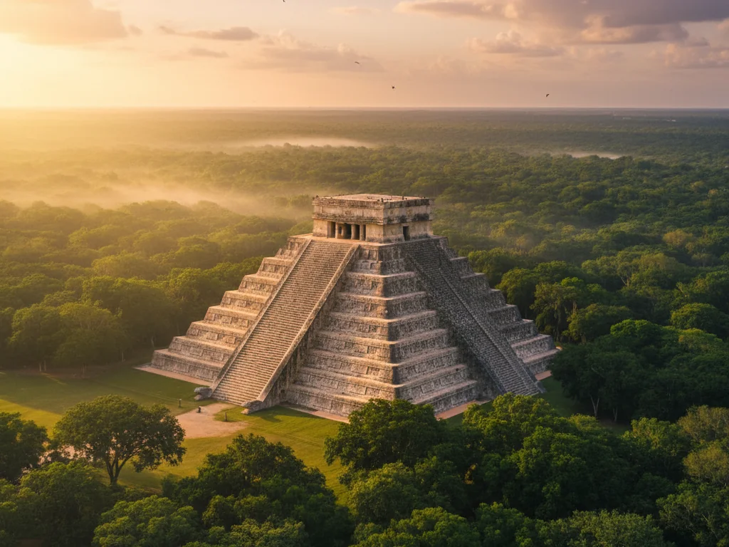 Chichen Itza pyramid rising above jungle canopy at golden hour in Yucatan.