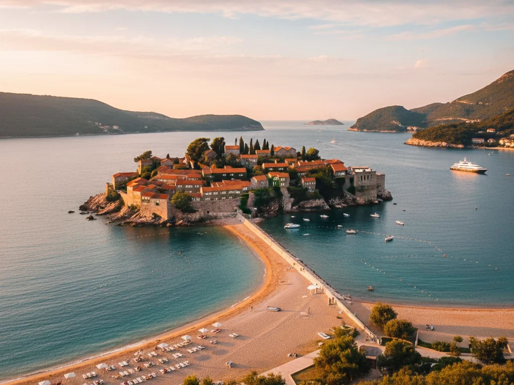 Sveti Stefan island fortress connected to mainland by narrow sandy causeway.