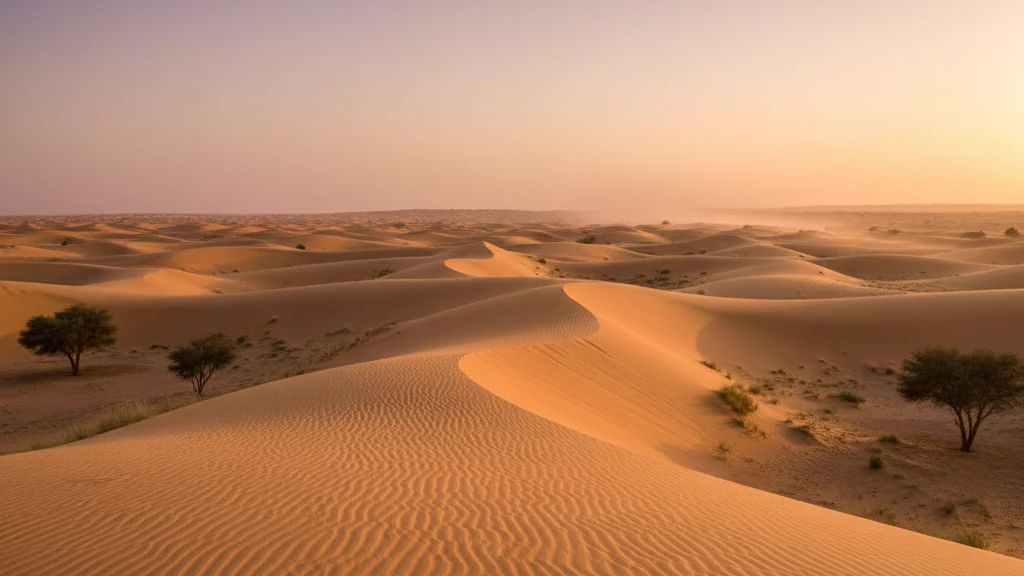 Golden sand dunes stretching endlessly across Erg Chebbi desert near Merzouga at sunset.