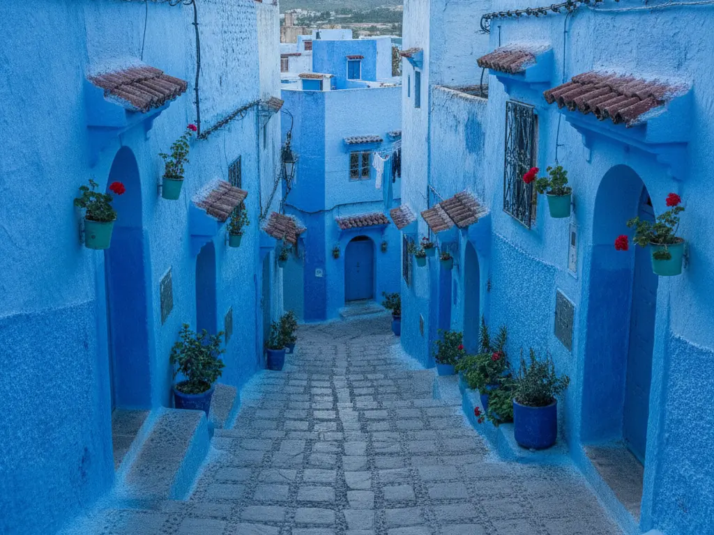 Blue-washed buildings and narrow winding alleyways cascading down slopes of Chefchaouen medina.