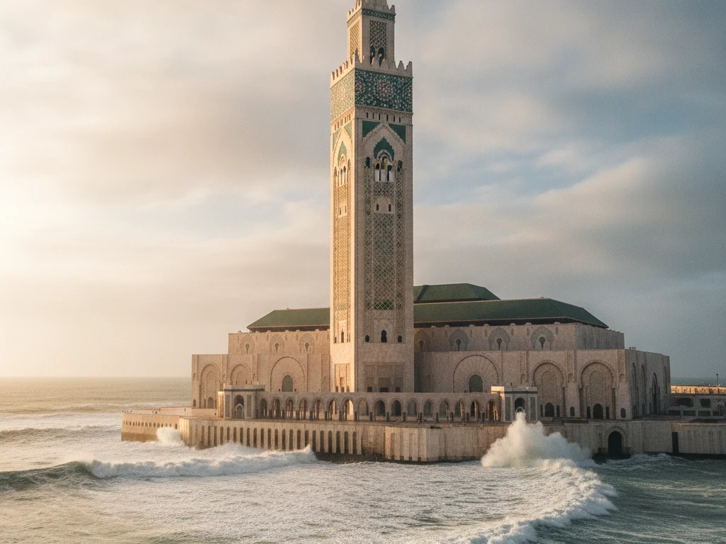 Towering Hassan II Mosque with ornate minaret rising above Atlantic Ocean waves in Casablanca.