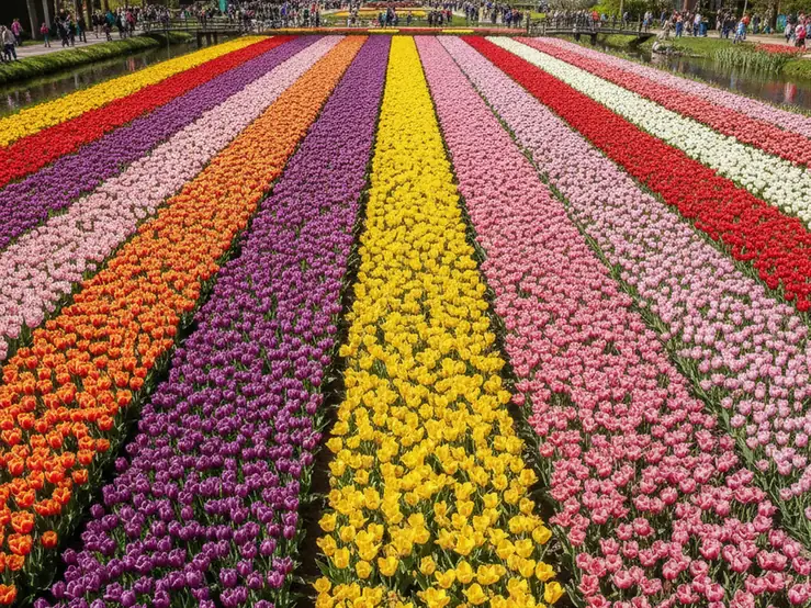 Colorful tulip fields blooming in vibrant rows at Keukenhof Gardens in spring