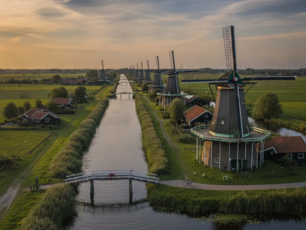 Windmills standing in a row along water channels at Kinderdijk UNESCO site