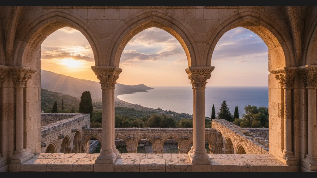 Bellapais Abbey stone arches and Gothic cloisters overlooking Mediterranean coastline at sunset.