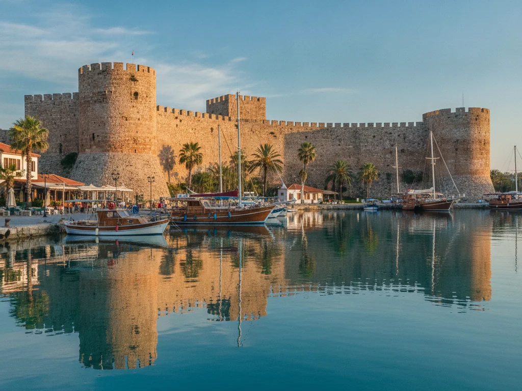 Kyrenia Harbor horseshoe bay with historic castle walls reflecting in calm waters.