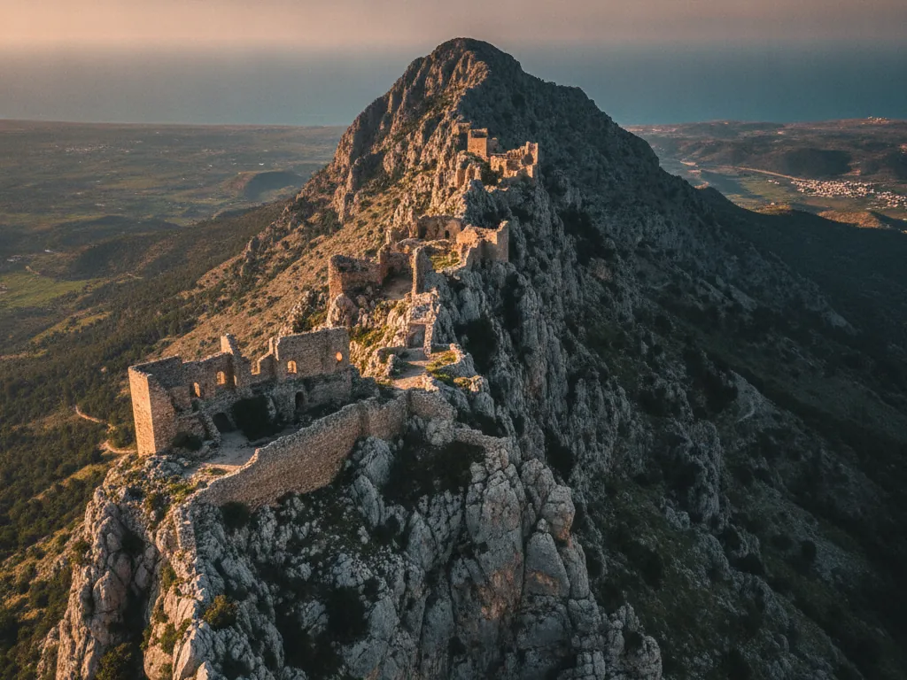 St. Hilarion Castle ruins perched dramatically on jagged Kyrenia mountain peaks.