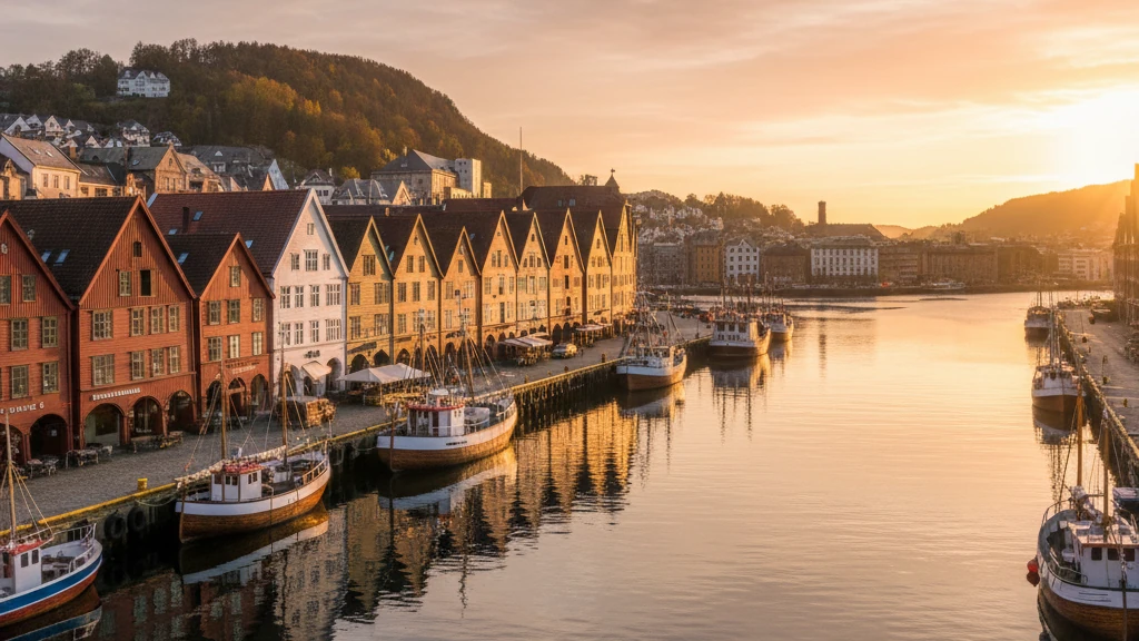 Bryggen's colorful wooden Hanseatic buildings lining Bergen's historic harbor waterfront at sunset.