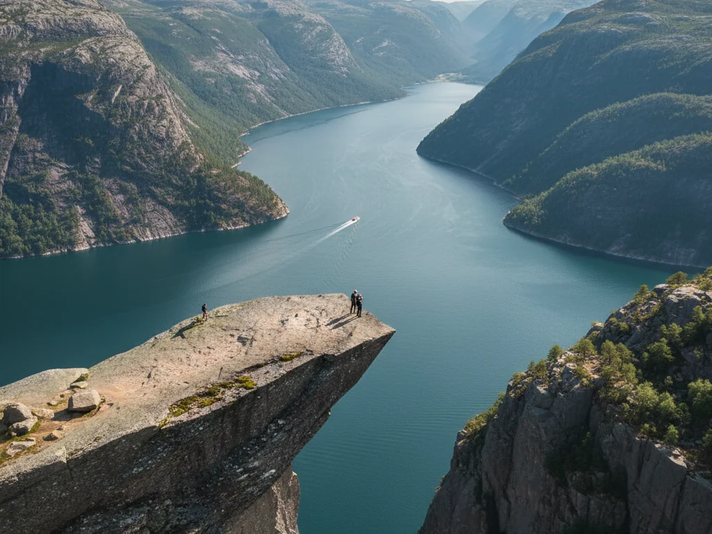 Preikestolen's flat cliff edge suspended six hundred meters above Lysefjord's waters.