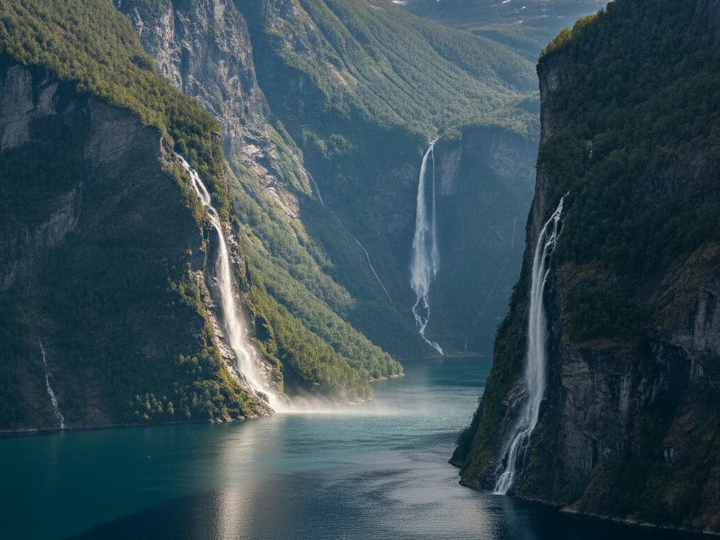 Geirangerfjord's steep cliffs towering above deep blue waters with cascading waterfalls.