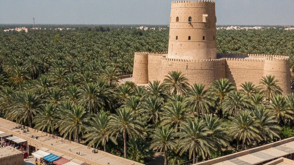Nizwa Fort's massive circular tower overlooking date palms and the old souq below.