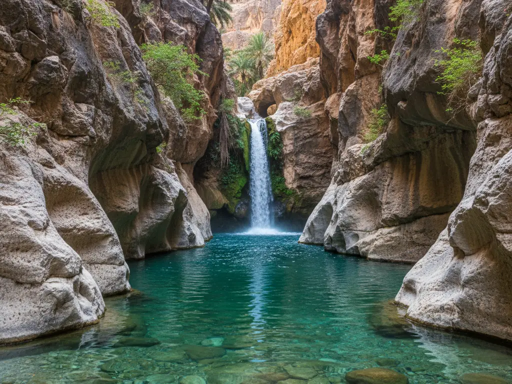 Wadi Shab's turquoise pools and narrow canyon walls with waterfall at the end.