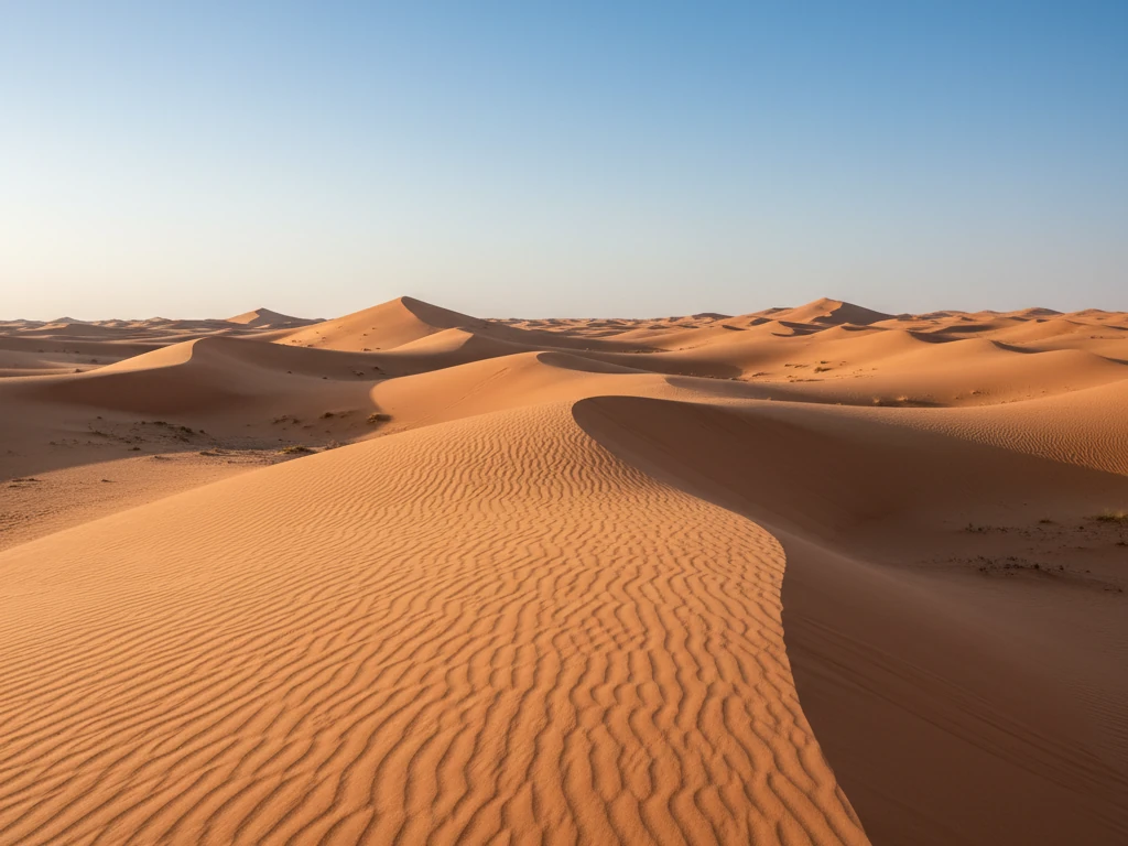 Wahiba Sands desert with rolling orange dunes stretching endlessly under blue sky.