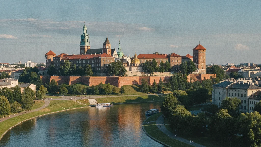 Wawel Castle's red brick towers and golden dome rising above the Vistula River in Kraków.