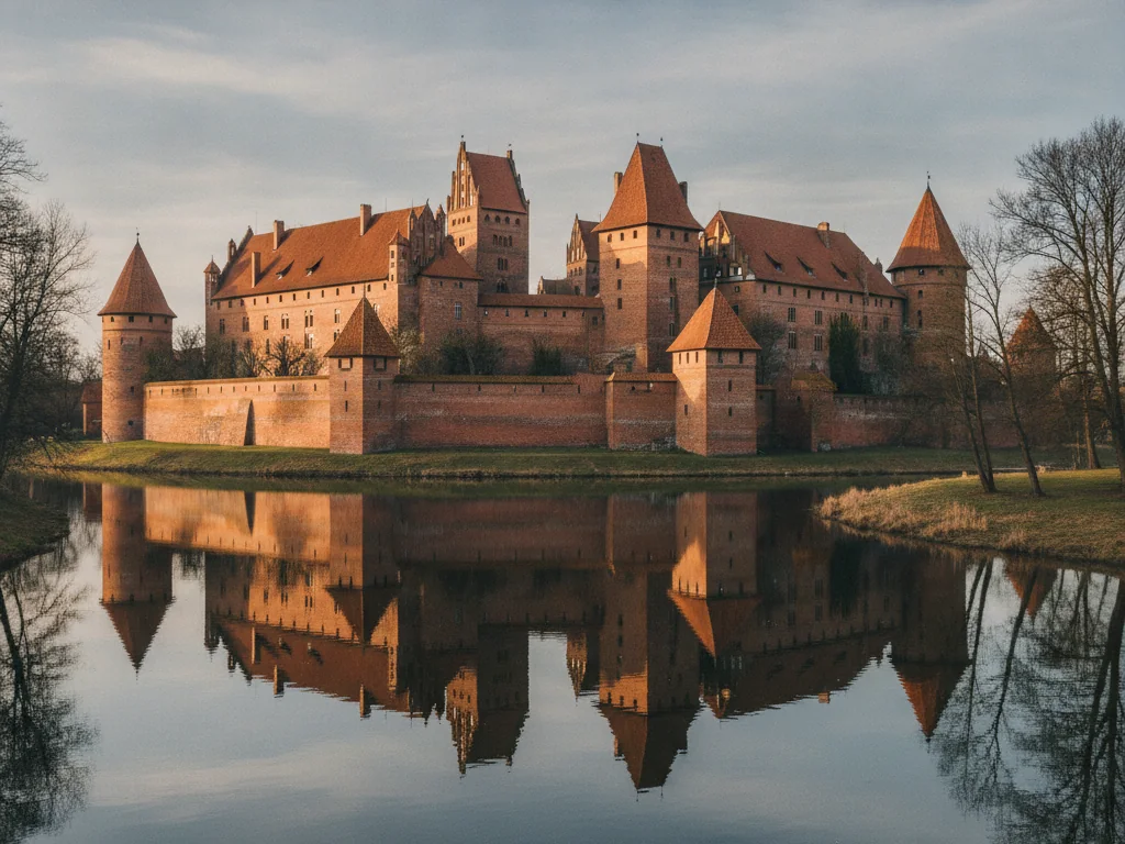 Malbork Castle's massive red brick fortress walls reflecting in the Nogat River waters.