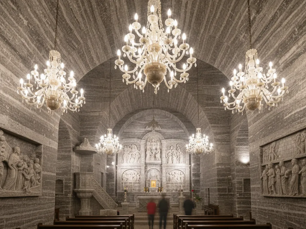 Wieliczka Salt Mine's underground chapel with chandeliers carved entirely from salt crystals.