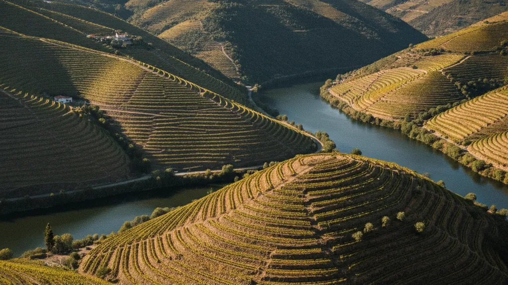 Douro Valley's terraced vineyards cascading down steep hillsides toward the winding river.