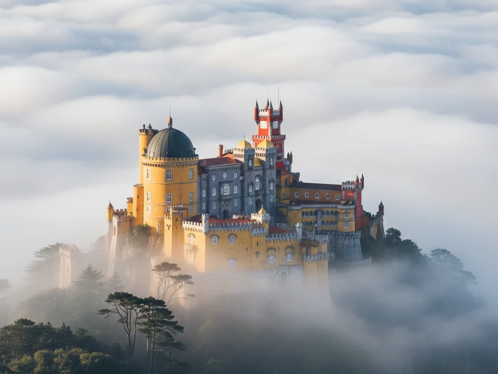 Pena Palace's colorful yellow and red walls rising above misty Sintra mountains.