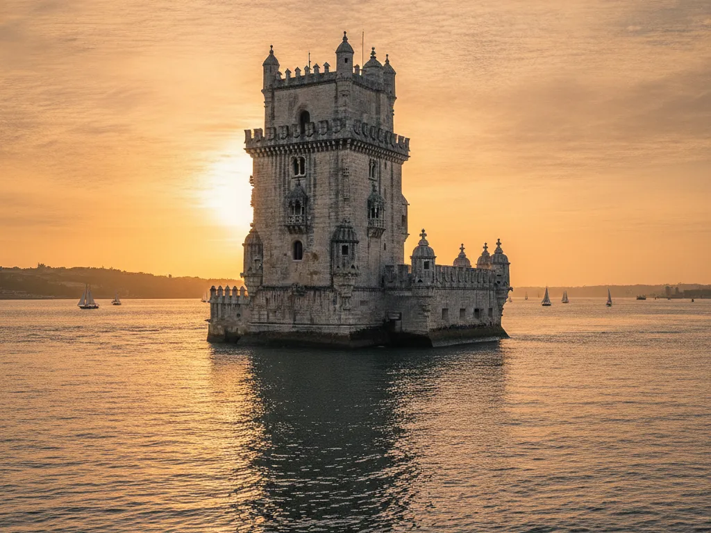 Belém Tower standing in the Tagus River with Manueline architecture details at sunrise.