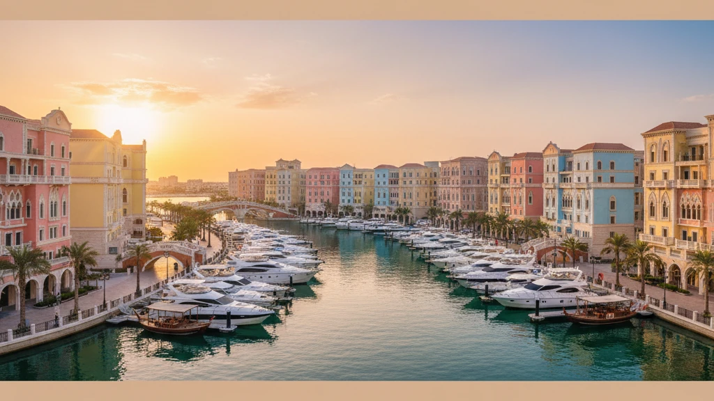 The Pearl-Qatar's marina with white luxury yachts docked along Venetian-style pastel buildings.