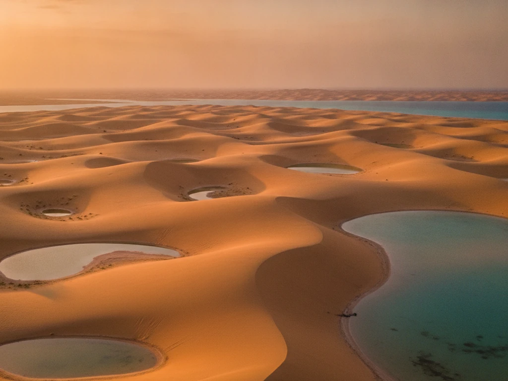 Inland Sea's golden sand dunes meeting turquoise tidal waters at Khor Al Adaid.