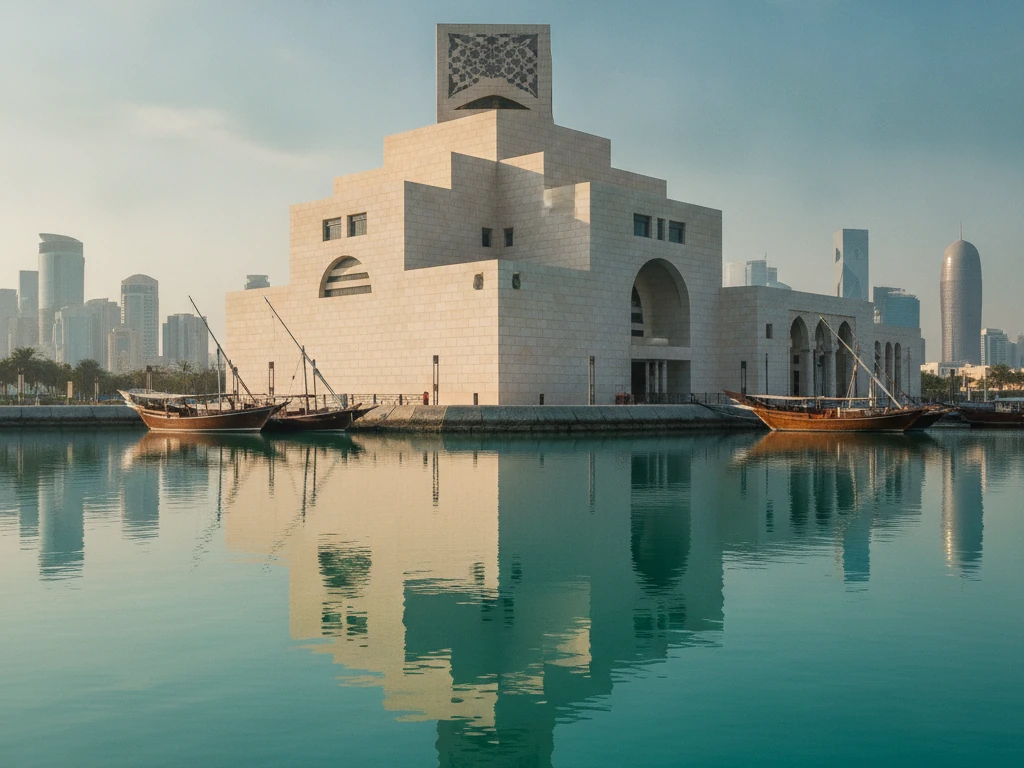 The Museum of Islamic Art's white geometric structure reflected in Doha Bay's turquoise waters.