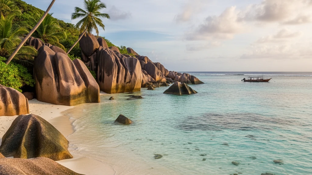 Anse Source d'Argent beach with giant granite boulders and shallow turquoise waters at La Digue.