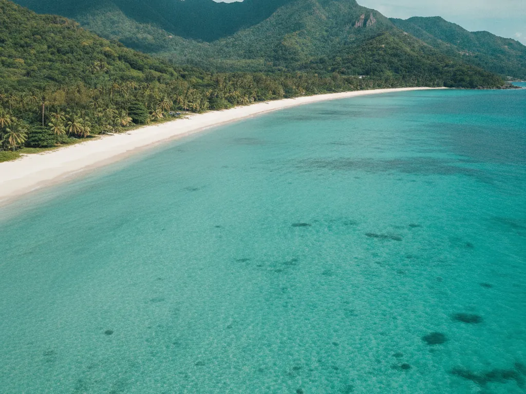Beau Vallon Bay white sand beach with calm waters and lush green mountain backdrop.