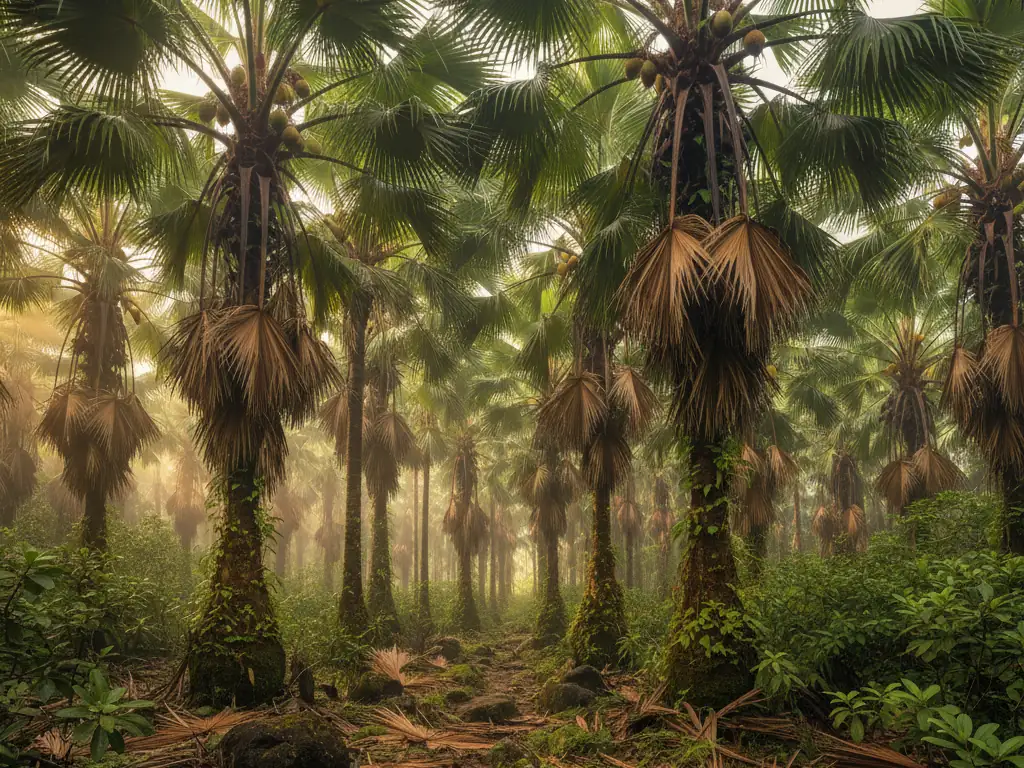 Vallée de Mai palm forest with ancient coco de mer palms on Praslin Island.