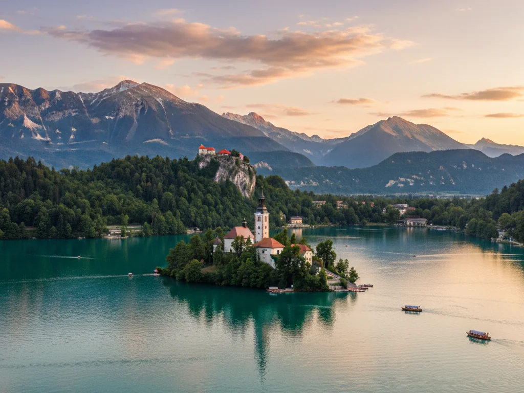 Lake Bled with island church and medieval castle perched on dramatic cliff overlooking turquoise water.