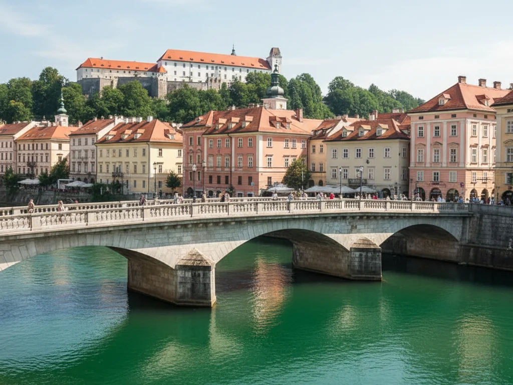 Ljubljana's Triple Bridge spanning emerald Ljubljanica River with colorful baroque buildings and castle above.