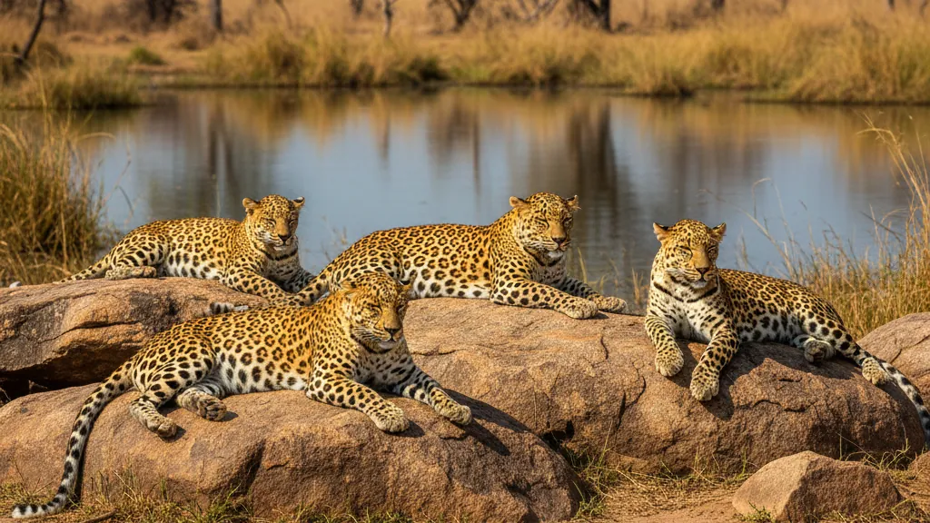 Yala National Park's leopards resting on sun-baked rocks near watering holes.