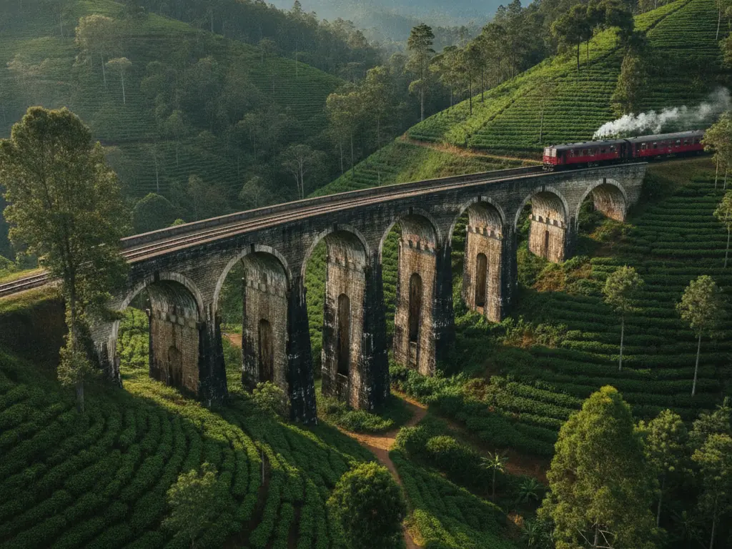 Nine Arch Bridge's colonial stone arches curving through Ella's lush tea plantations.