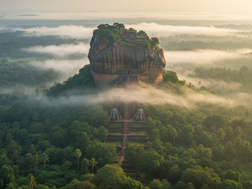 Sigiriya Lion Rock fortress rising dramatically from misty green jungle canopy at dawn.