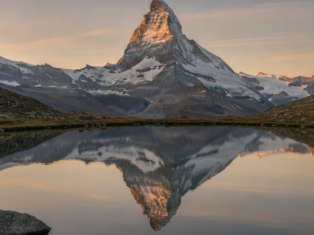 Matterhorn's pyramidal peak reflecting in Riffelsee lake at golden sunrise