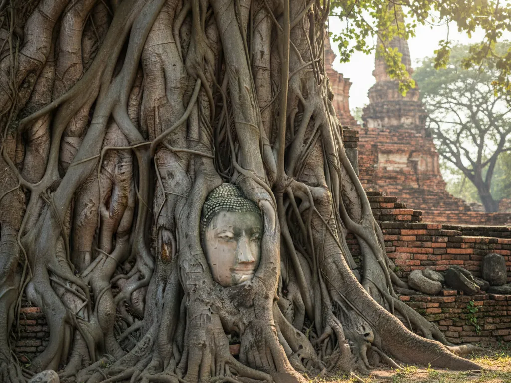 Ayutthaya stone Buddha head nestled in ancient tree roots at Wat Mahathat.