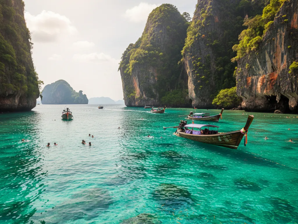 Phi Phi Islands limestone cliffs rising dramatically from turquoise Andaman Sea waters.