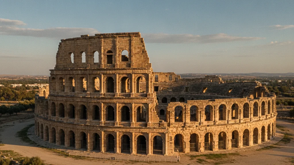 The ancient Roman amphitheater of El Jem rises golden against the blue sky.
