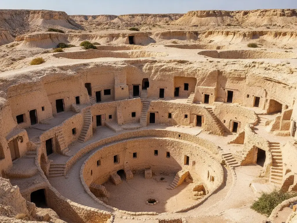 Matmata's underground troglodyte cave dwellings carved into the rocky hillsides appear otherworldly.