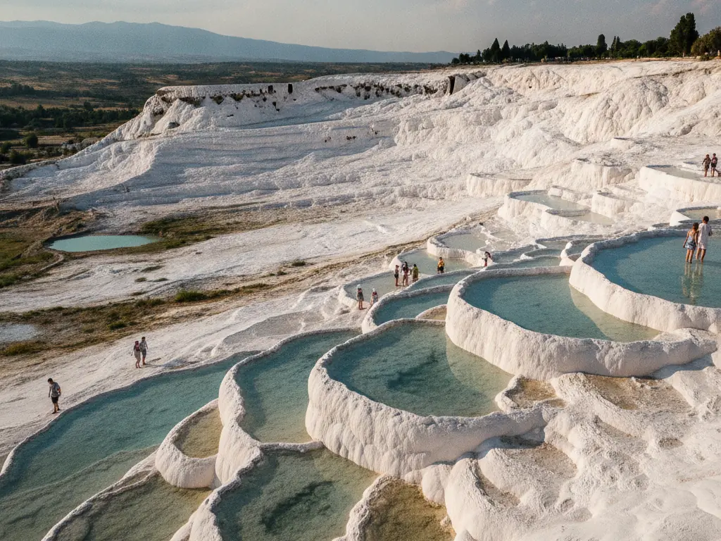 Pamukkale's white travertine terraces cascading down hillside with turquoise thermal pools reflecting sky.