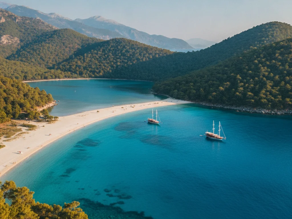 Oludeniz Blue Lagoon's crystal waters meeting white sand beach surrounded by green mountains.