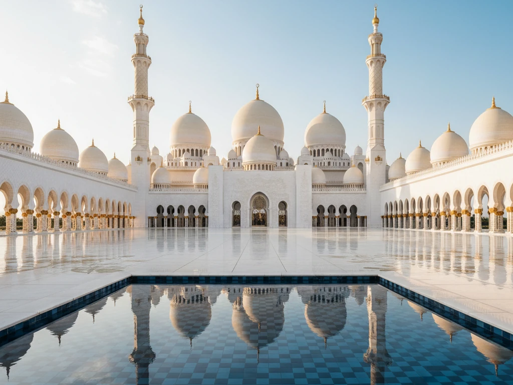 Sheikh Zayed Grand Mosque's white marble domes reflecting in courtyard pools.