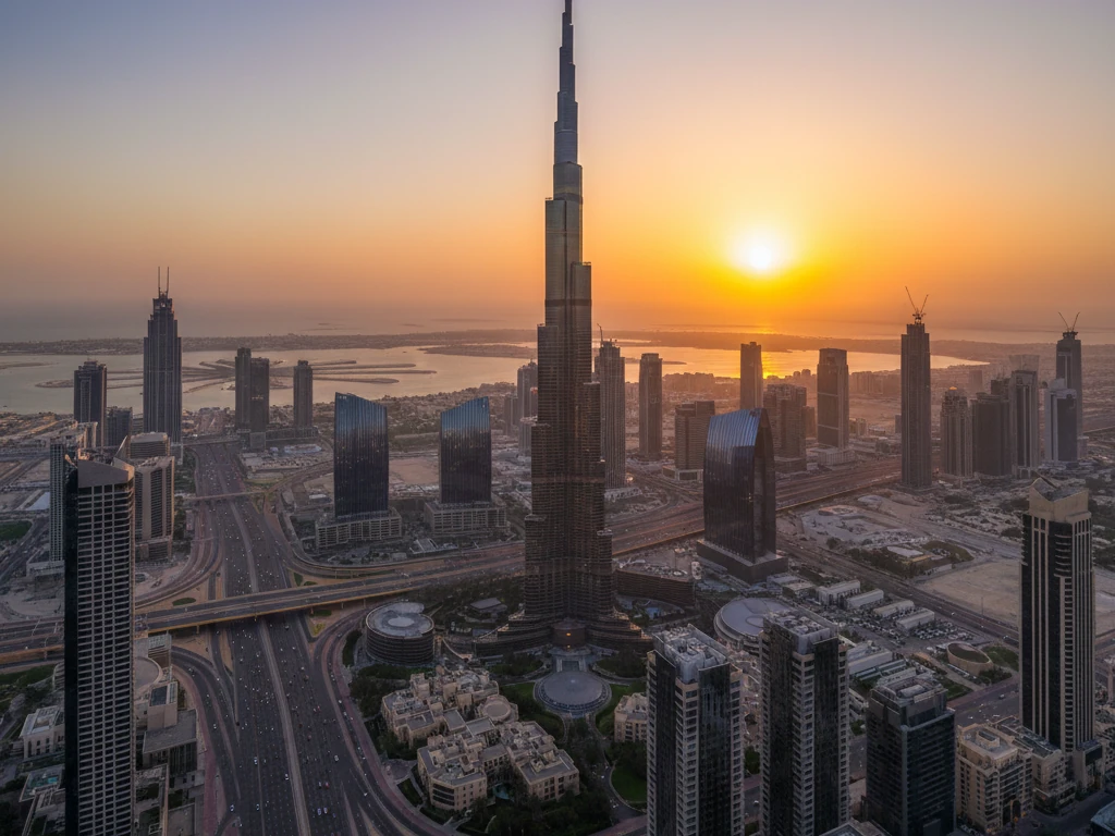 Burj Khalifa tower gleaming against Dubai's modern skyline at golden sunset.