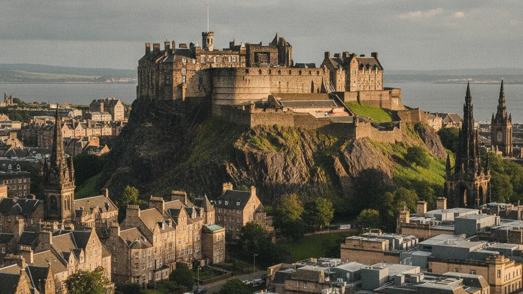 Edinburgh Castle perched on volcanic rock overlooking the Scottish capital's rooftops.