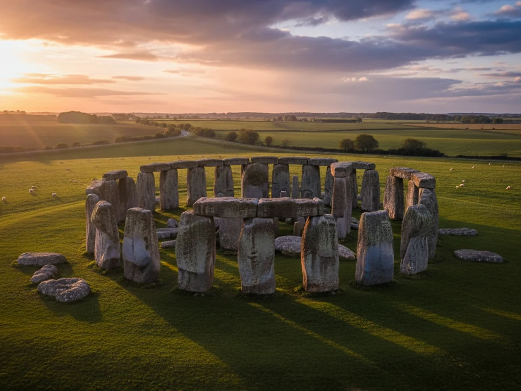 Stonehenge ancient stone circle standing in green Wiltshire fields under vast sky.