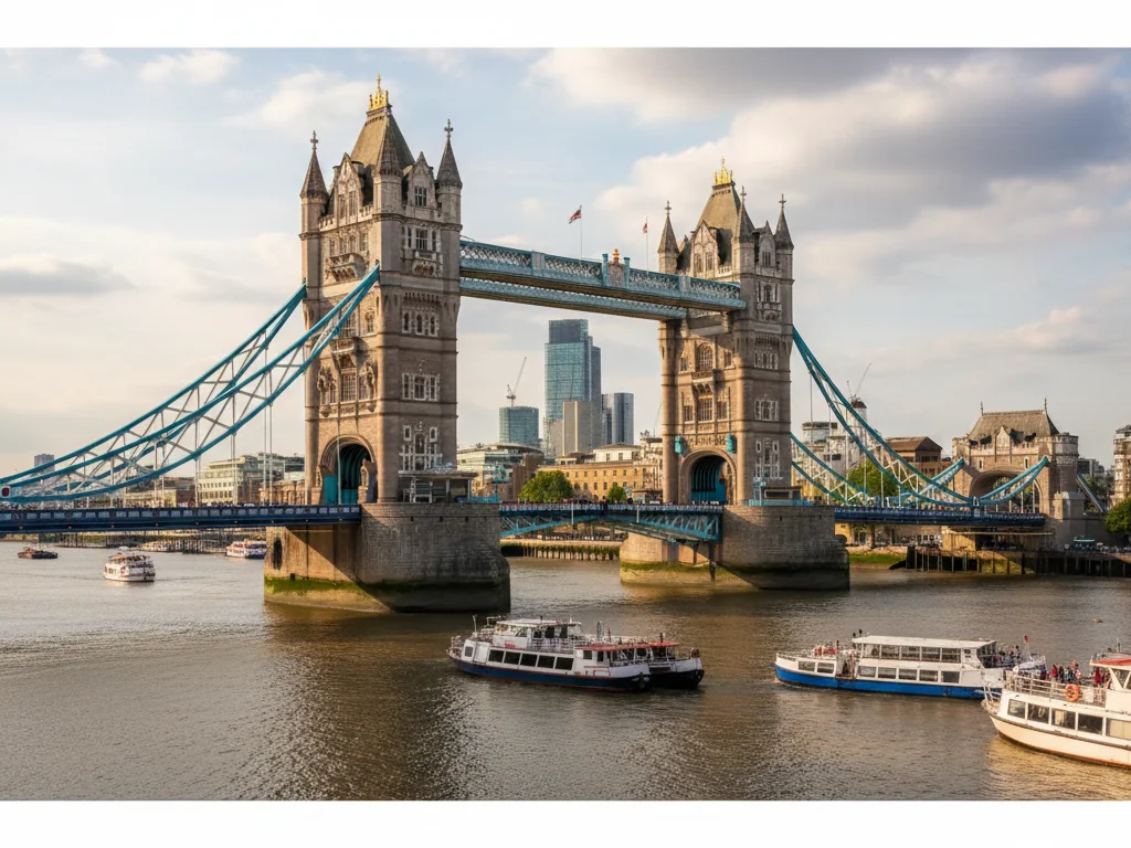 Tower Bridge's twin Gothic towers and blue suspension spans crossing the Thames River.