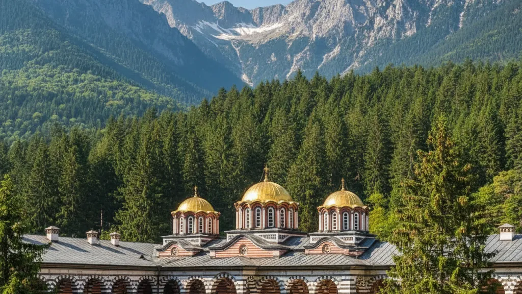 Rila Monastery's striped arches and golden domes nestled in forested mountains.