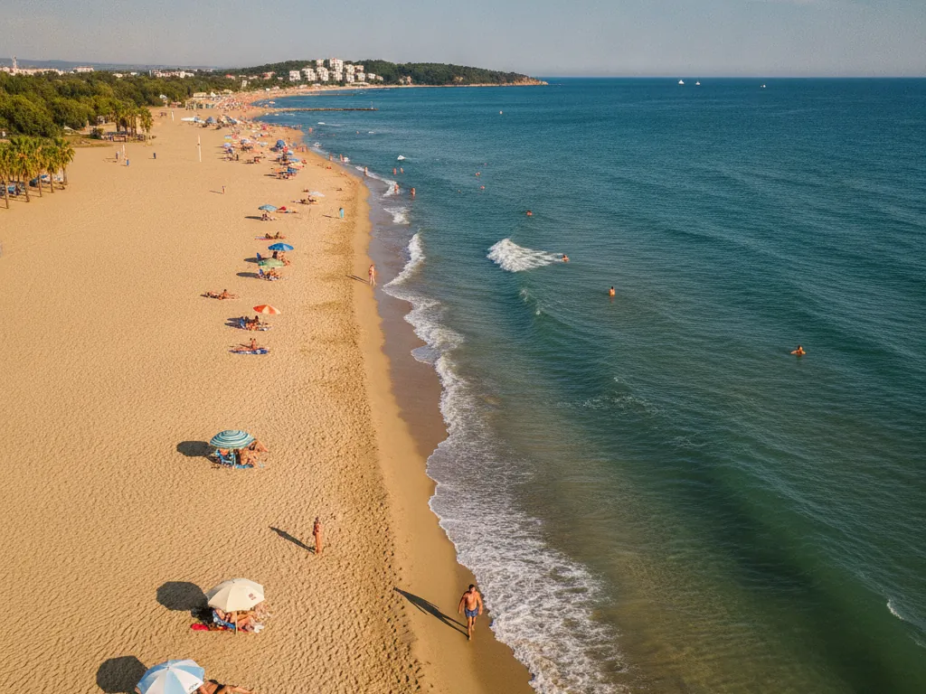 Sunny Beach's golden sand stretching along the turquoise Black Sea coastline.
