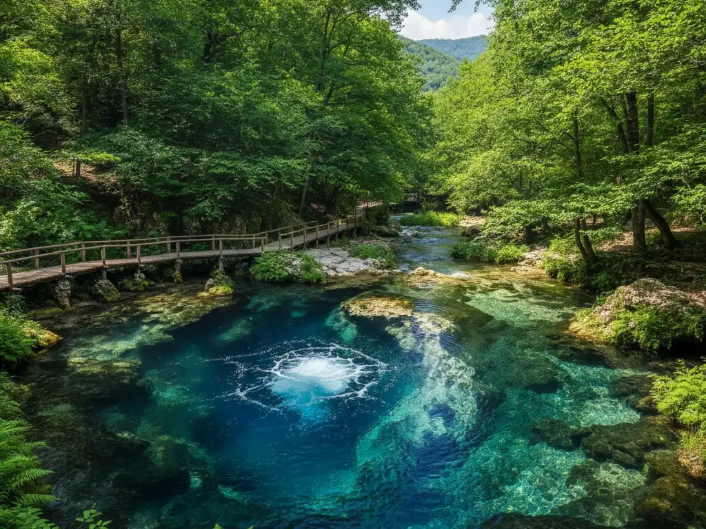 The Blue Eye spring's turquoise water bubbling up through limestone near Saranda.