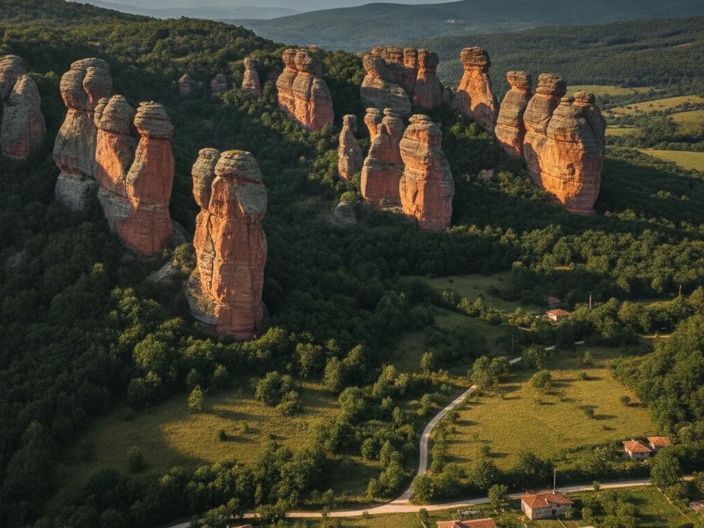 Belogradchik Rocks' towering red sandstone formations rising above green valleys.