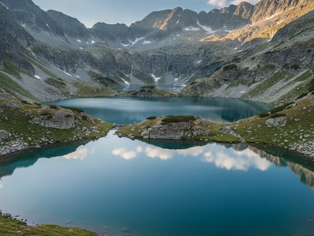 Seven Rila Lakes reflecting sky and peaks in glacial alpine basins.